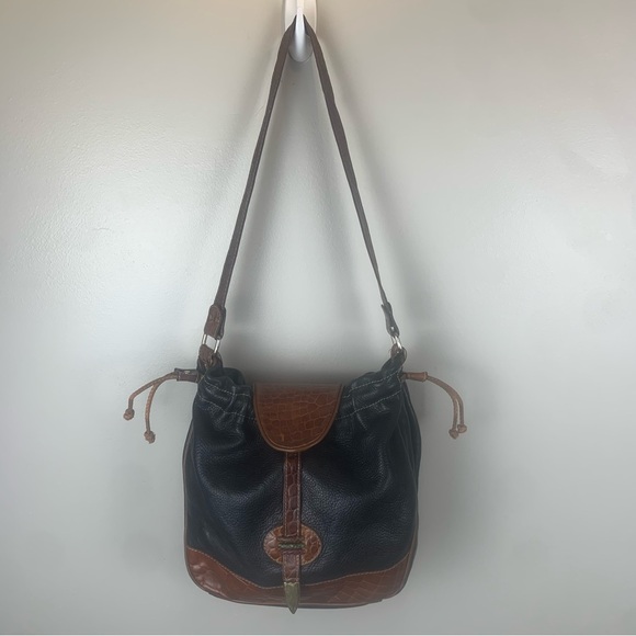 Francesco Biasia Black Bag Pebble Leather With Croc Embossed‎ Accents READ - Picture 1 of 16